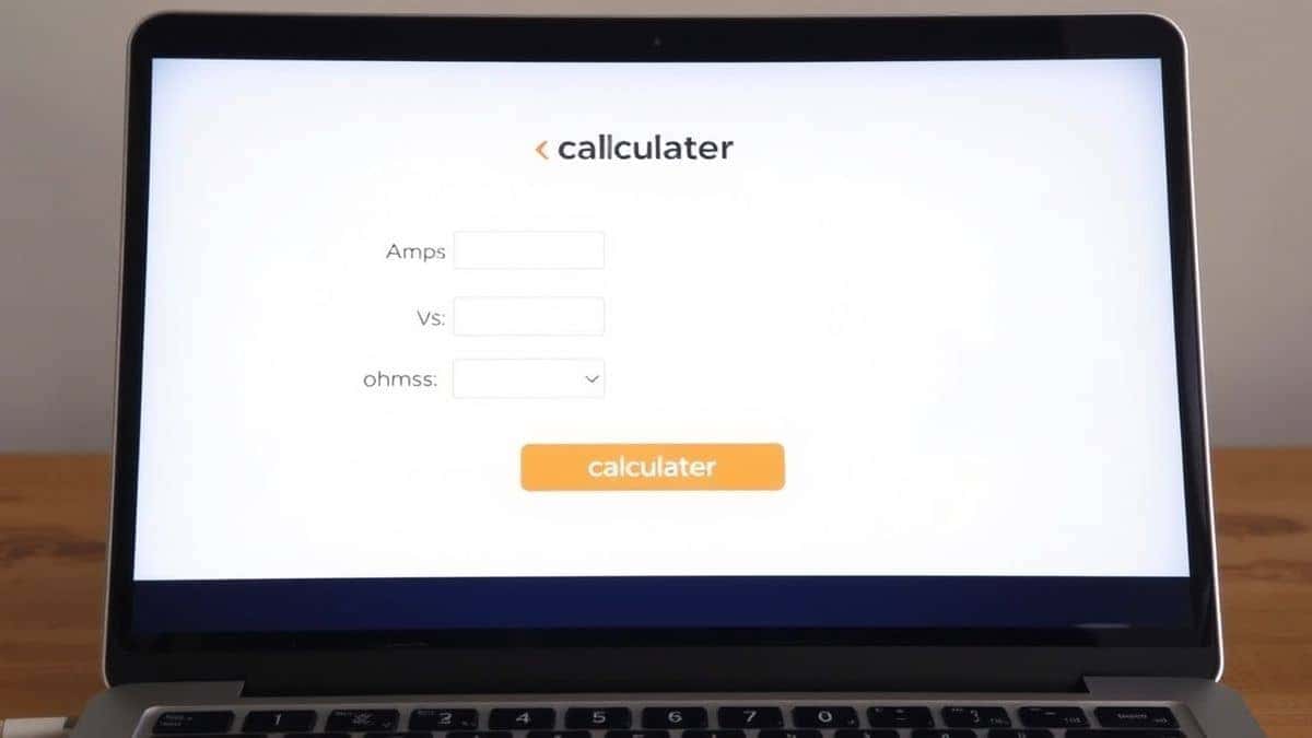 A clean, modern online calculator interface showing input fields for amps and ohms with a calculate button, displaying a voltage result in real-time on a laptop screen