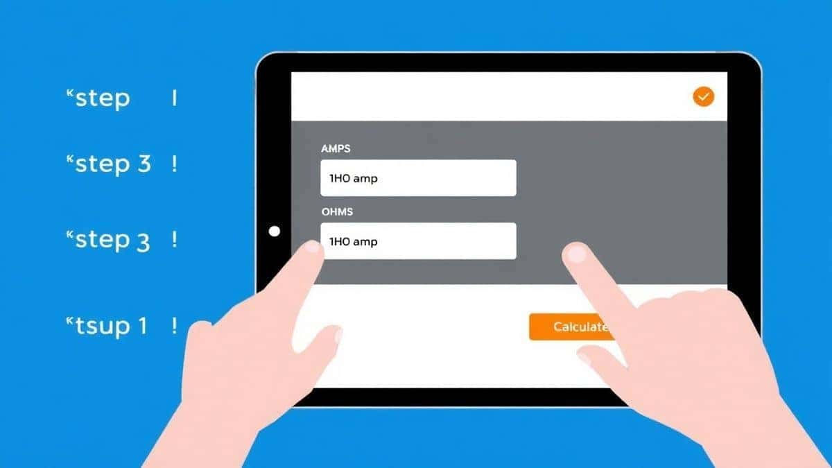 A step-by-step visual guide showing a finger clicking on the amps input field, then ohms input field, and finally pressing the calculate button on a tablet screen A step-by-step visual guide showing a finger clicking on the amps input field, then ohms input field, and finally pressing the calculate button on a tablet screen