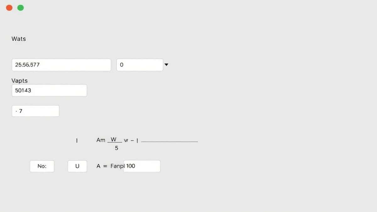 An online calculator interface showing fields for watts, volts, and amps with a sample calculation