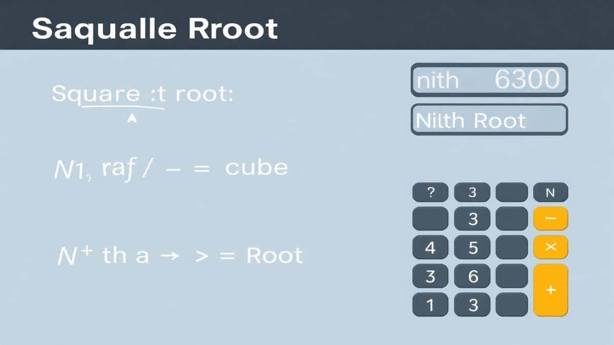 A graphic displaying the mathematical formulas for square root, cube root, and nth root, alongside the calculator interface A graphic displaying the mathematical formulas for square root, cube root, and nth root, alongside the calculator interface
